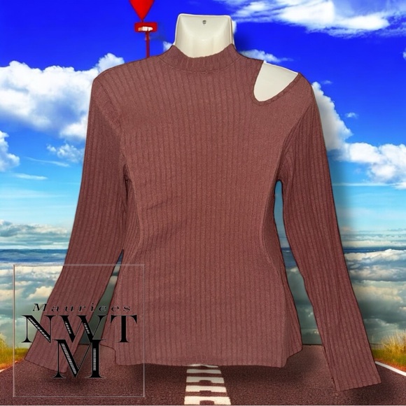 Maurices Sweater NWT Pink Brown Ribbed Mock Neck Shoulder Cut Out Long Sleeve M - Picture 3 of 16